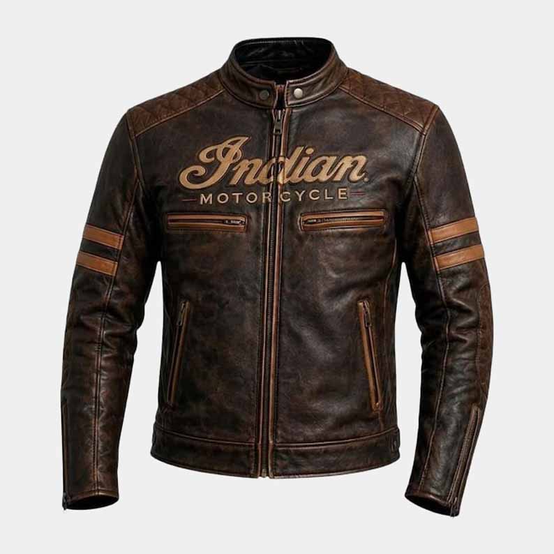Men's Distressed Brown Genuine Cowhide Leather Indian Motorcycle Jacket with CE Protection