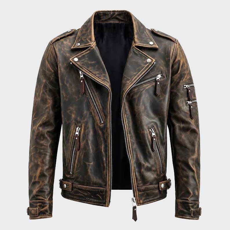 Vintage Distressed Leather Biker Jacket for Men