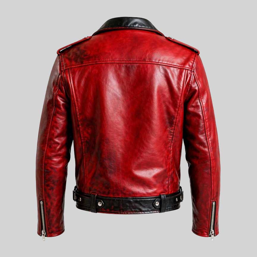 Red Black Distressed Biker Leather Jacket