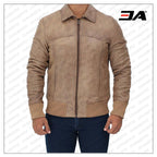 Steven Mens Beige Bomber Distressed Leather Jacket