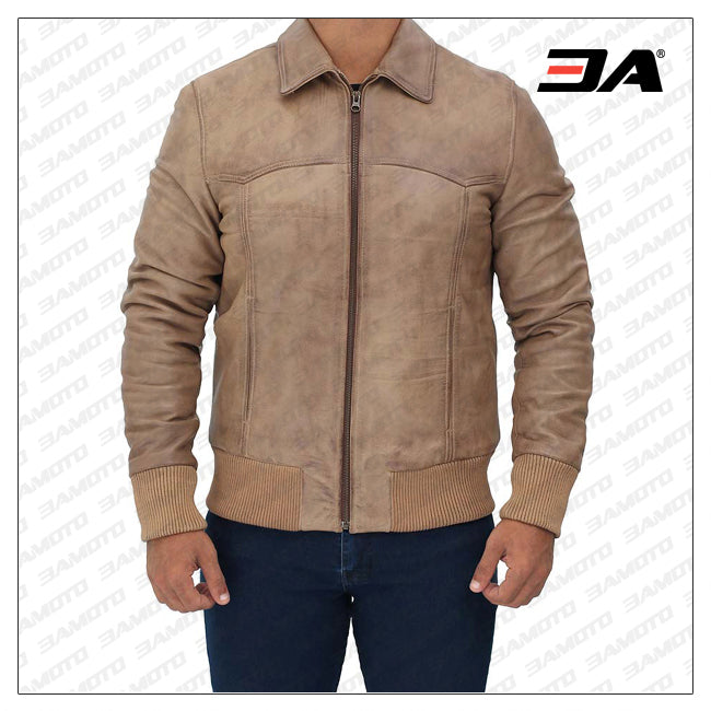 Steven Mens Beige Bomber Distressed Leather Jacket