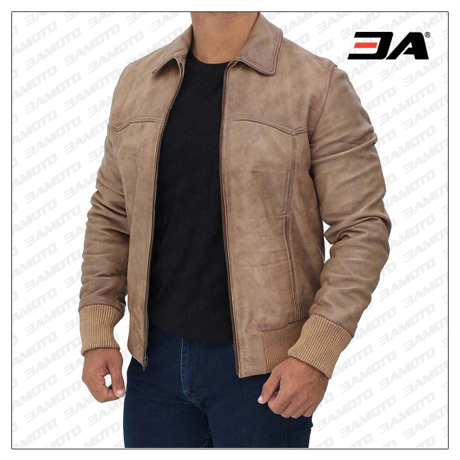 Steven Mens Beige Bomber Distressed Leather Jacket