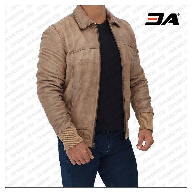 Steven Mens Beige Bomber Distressed Leather Jacket