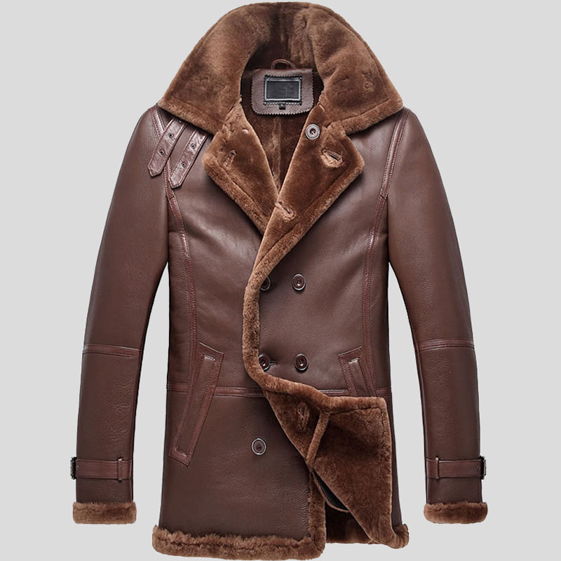 Men Brown Double Breasted Shearling Sheepskin Coat