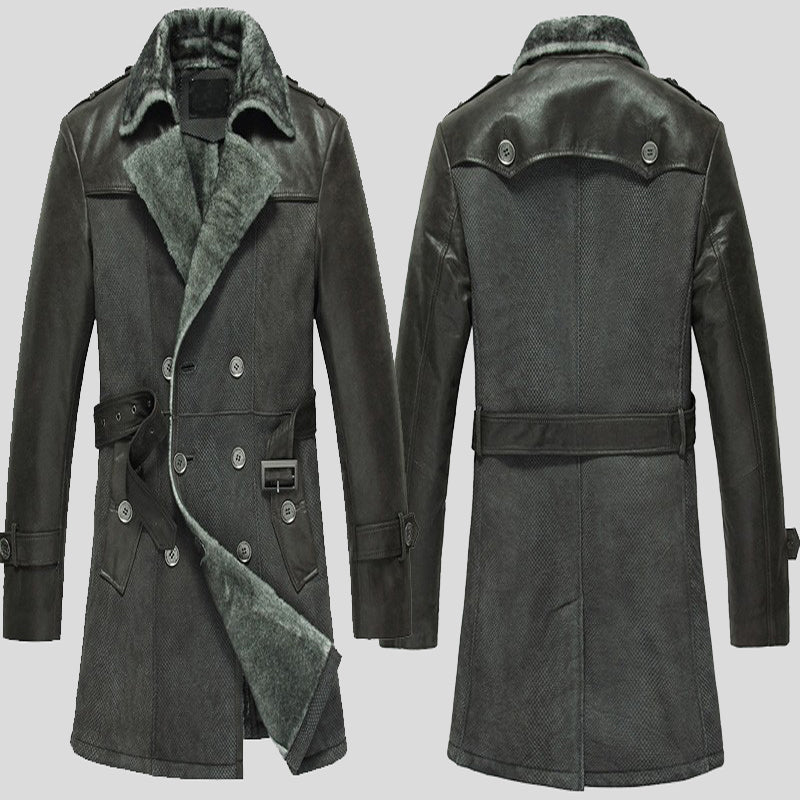 Mens Classics Double Breasted Shearling Sheepskin Leather Pea Coats