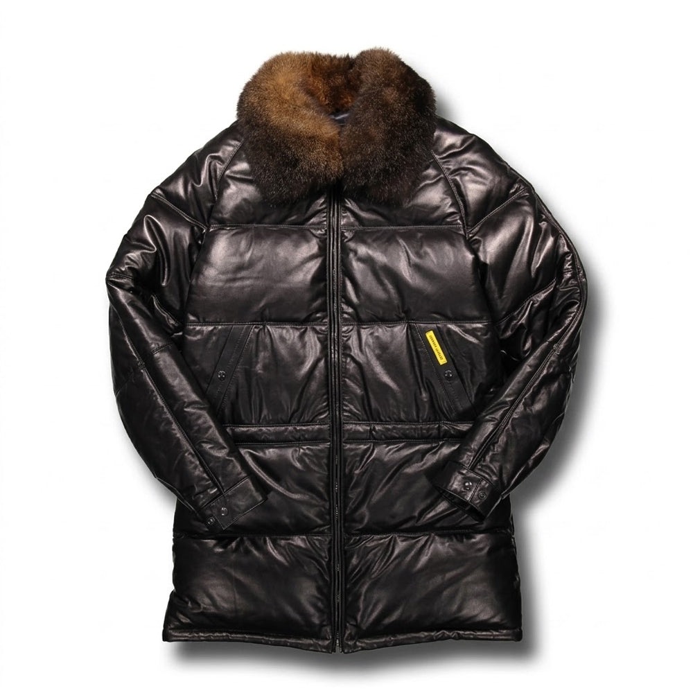 Double Goose Black Straight Down Coat with Opossum Fur Collar