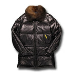 Double Goose Black Straight Down Coat with Opossum Fur Collar