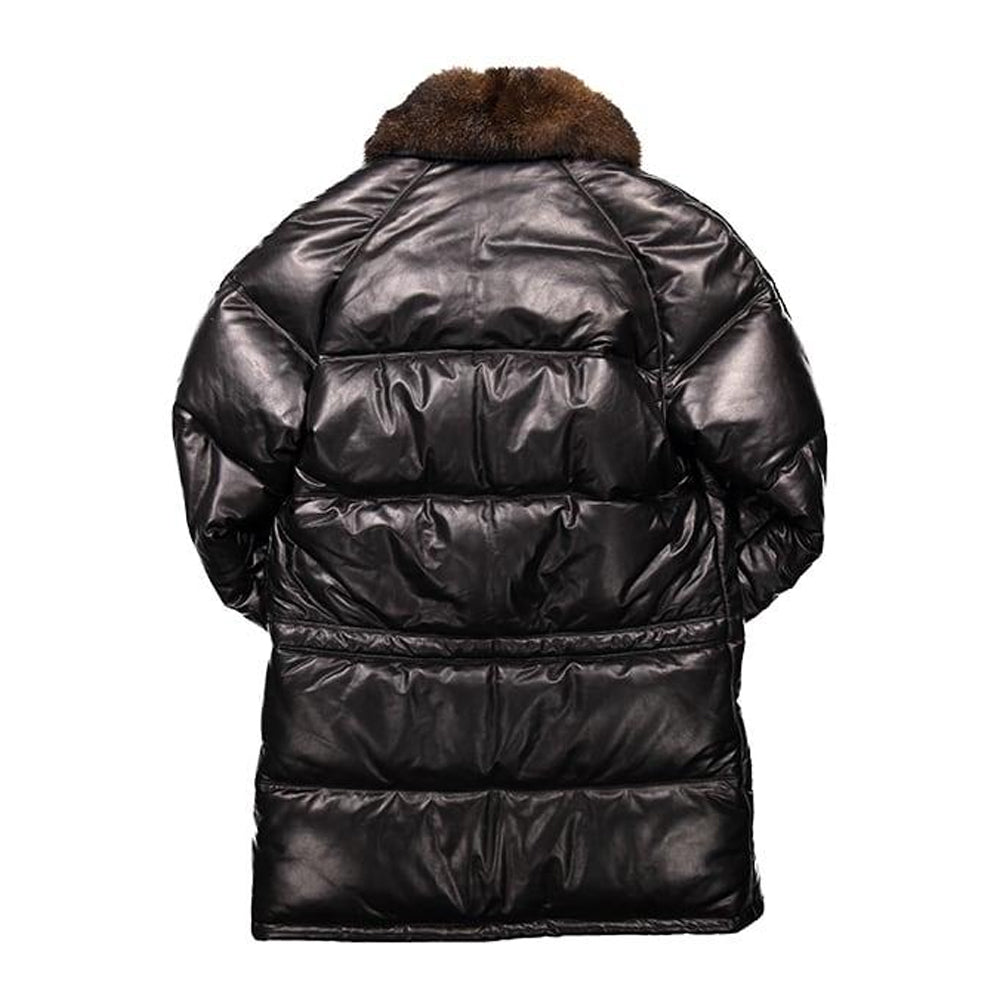 Double Goose Black Straight Down Coat with Opossum Fur Collar