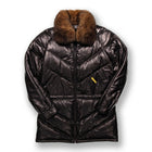 Double Goose Black Leather V-Coat with Fur Collar