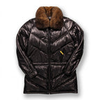 Double Goose Black Leather V-Coat with Fur Collar