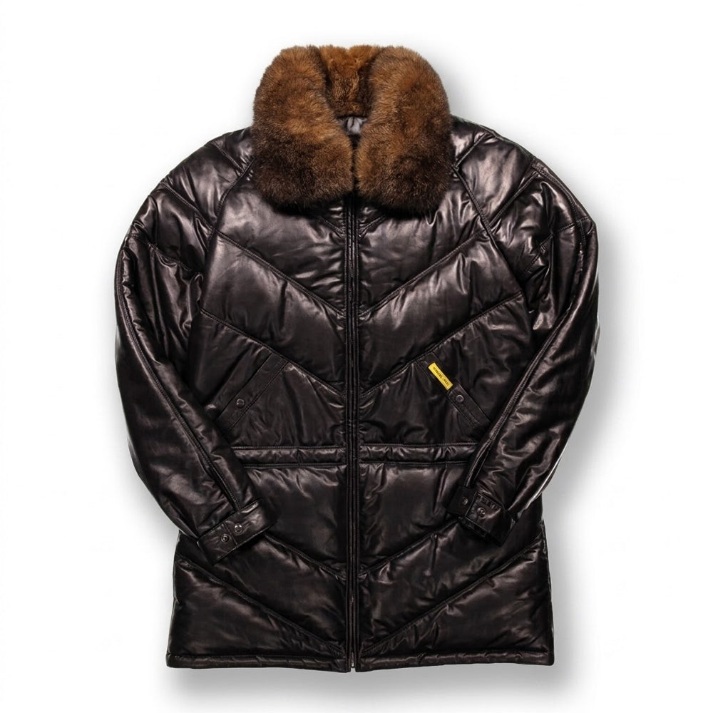 Double Goose Black Leather V-Coat with Fur Collar