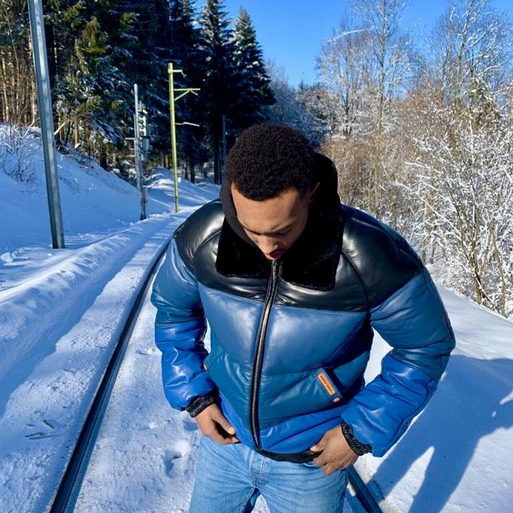 Double Goose Men’s Classic V-Bomber Jacket | Blue Gradient Lambskin Down Coat