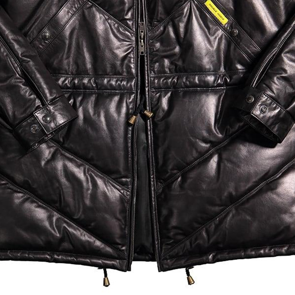 Double Goose Black Leather V-Coat with Fur Collar