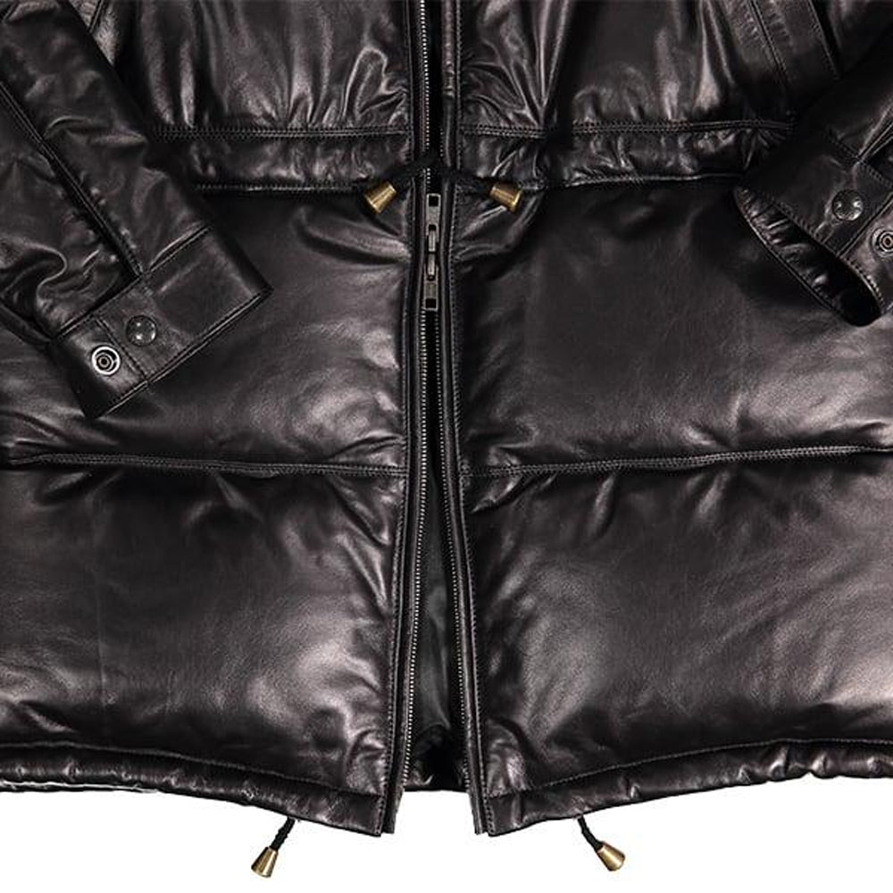 Double Goose Black Straight Down Coat with Opossum Fur Collar