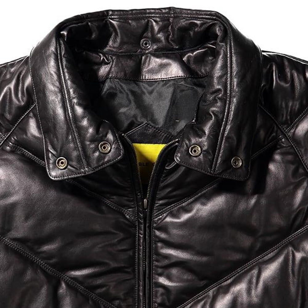 Double Goose Black Leather V-Coat with Fur Collar