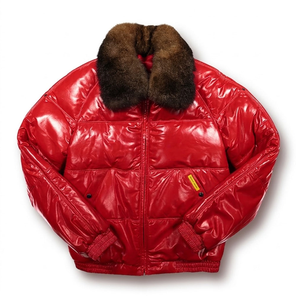 Red Leather Country Down Jacket by Double Goose