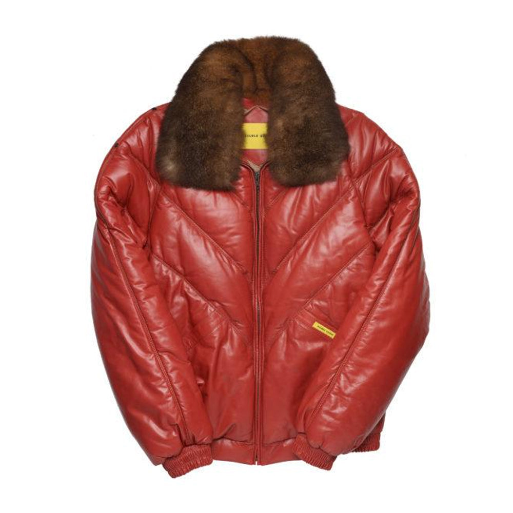 Double Goose Men’s V-Bomber Leather Jacket | Chili Red Calfskin Down Coat