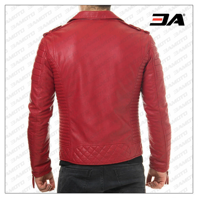 Double Breasted Mens Red Leather Biker Jacket