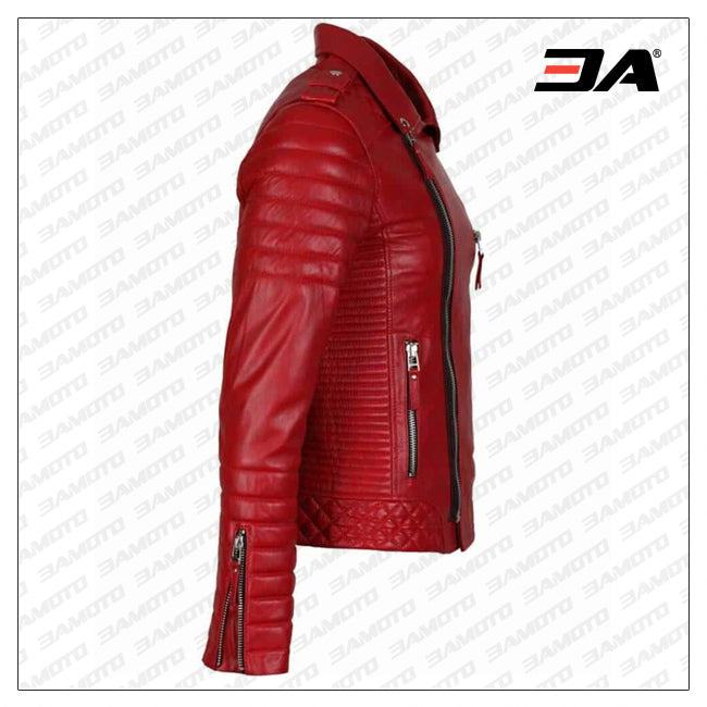Double Breasted Mens Red Leather Biker Jacket