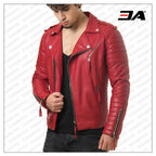Double Breasted Mens Red Leather Biker Jacket