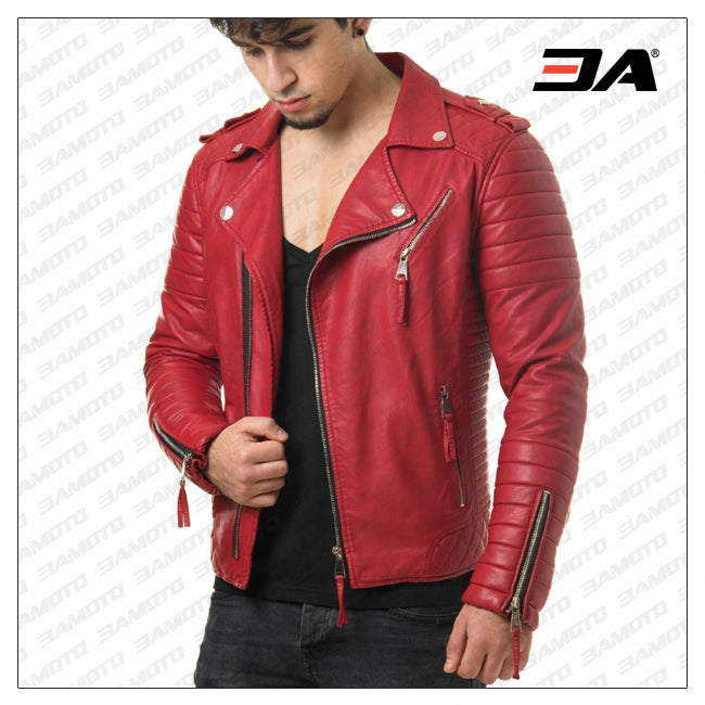 Double Breasted Mens Red Leather Biker Jacket