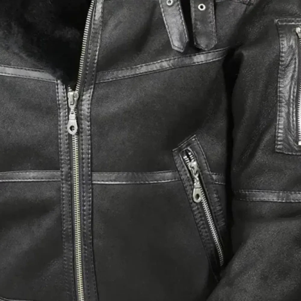 Aviator B16 Shearling Fur Black Sheepskin Leather Jacket