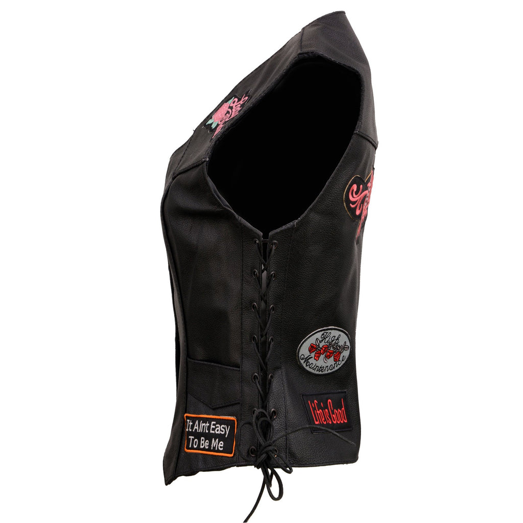 Event Leather ELL4900 Women's Classic Black Genuine Leather Side Laced Motorcycle Riders Vest w/ 9 Patches