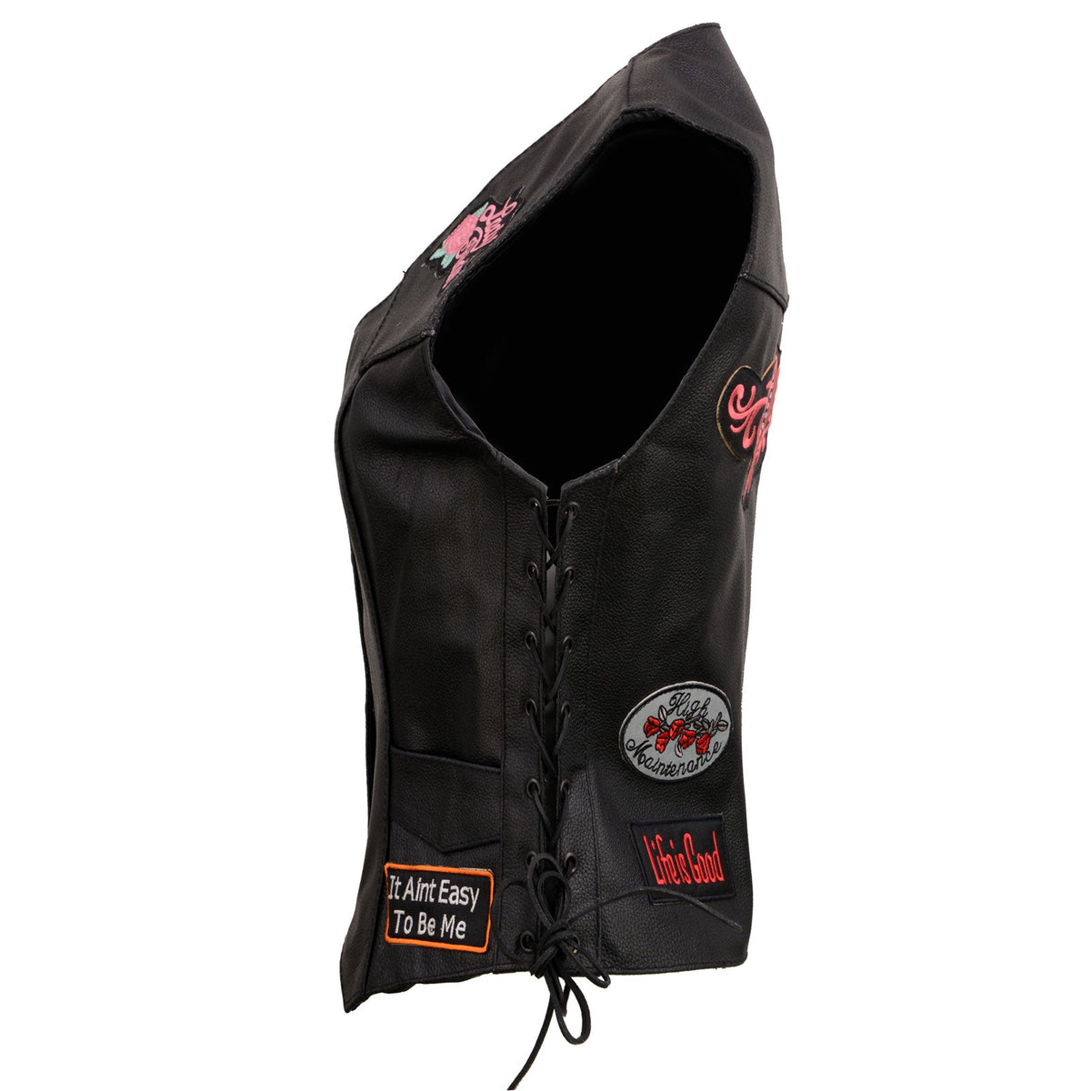 Event Leather ELL4900 Women's Classic Black Genuine Leather Side Laced Motorcycle Riders Vest w/ 9 Patches