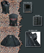 Event Leather ELL4900 Women's Classic Black Genuine Leather Side Laced Motorcycle Riders Vest w/ 9 Patches