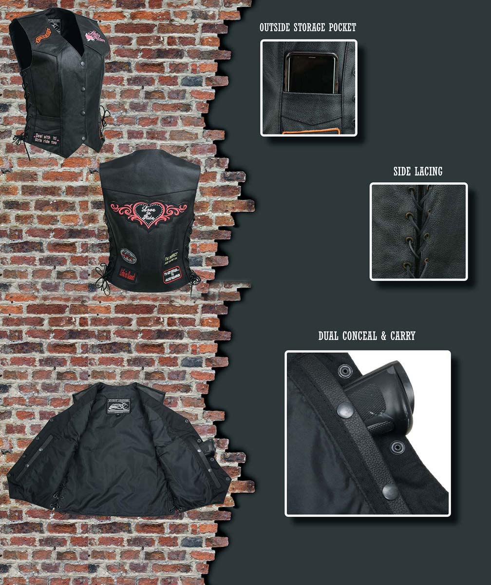 Event Leather ELL4900 Women's Classic Black Genuine Leather Side Laced Motorcycle Riders Vest w/ 9 Patches