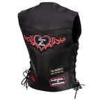Event Leather ELL4900 Women's Classic Black Genuine Leather Side Laced Motorcycle Riders Vest w/ 9 Patches