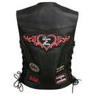 Event Leather ELL4900 Women's Classic Black Genuine Leather Side Laced Motorcycle Riders Vest w/ 9 Patches