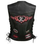 Event Leather ELL4900 Women's Classic Black Genuine Leather Side Laced Motorcycle Riders Vest w/ 9 Patches