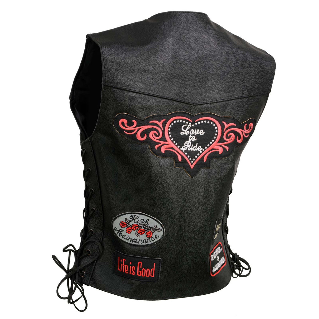 Event Leather ELL4900 Women's Classic Black Genuine Leather Side Laced Motorcycle Riders Vest w/ 9 Patches