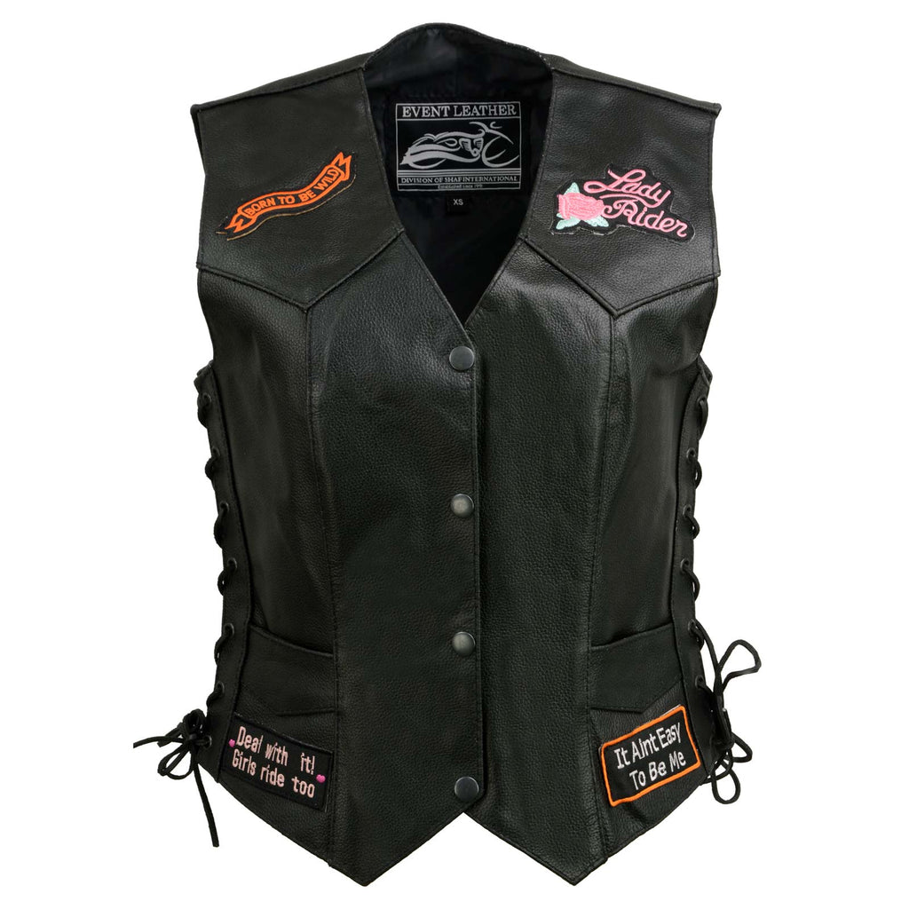 Event Leather ELL4900 Women's Classic Black Genuine Leather Side Laced Motorcycle Riders Vest w/ 9 Patches