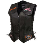 Event Leather ELL4900 Women's Classic Black Genuine Leather Side Laced Motorcycle Riders Vest w/ 9 Patches