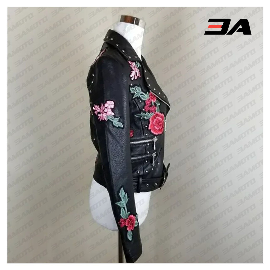 Embellished Silver Studded Embroidered Leather Jacket