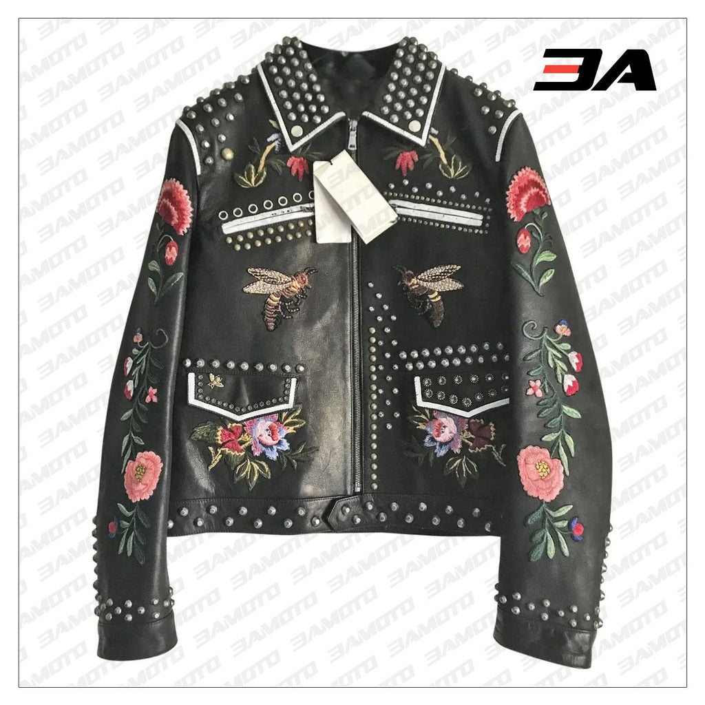 Embellished Studded Floral Embroidered Leather Jacket