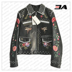 Embellished Studded Floral Embroidered Leather Jacket