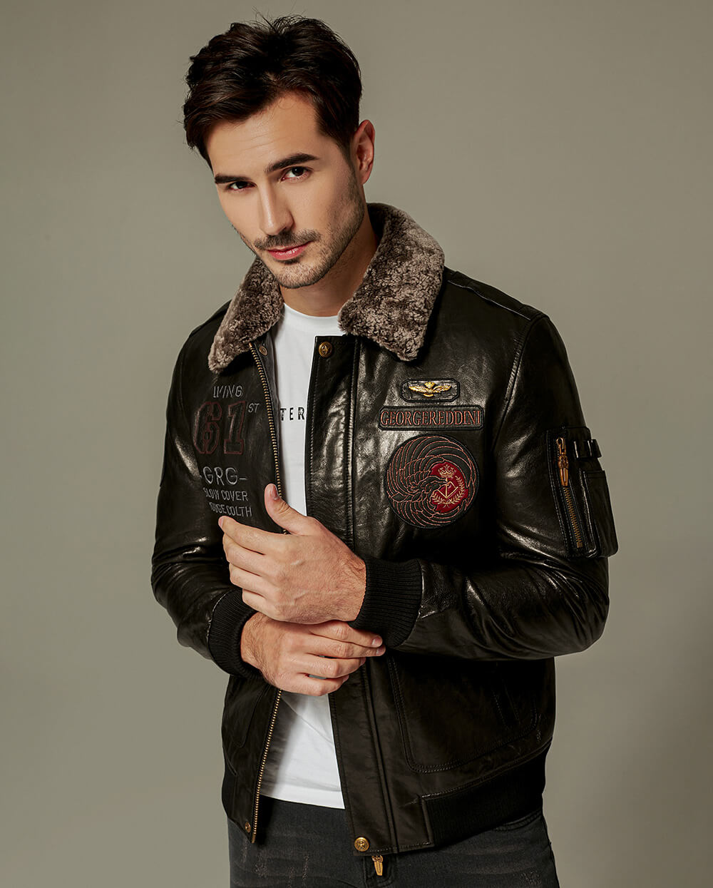 Black Vegetable-Tanned Goatskin Leather Bomber Jacket