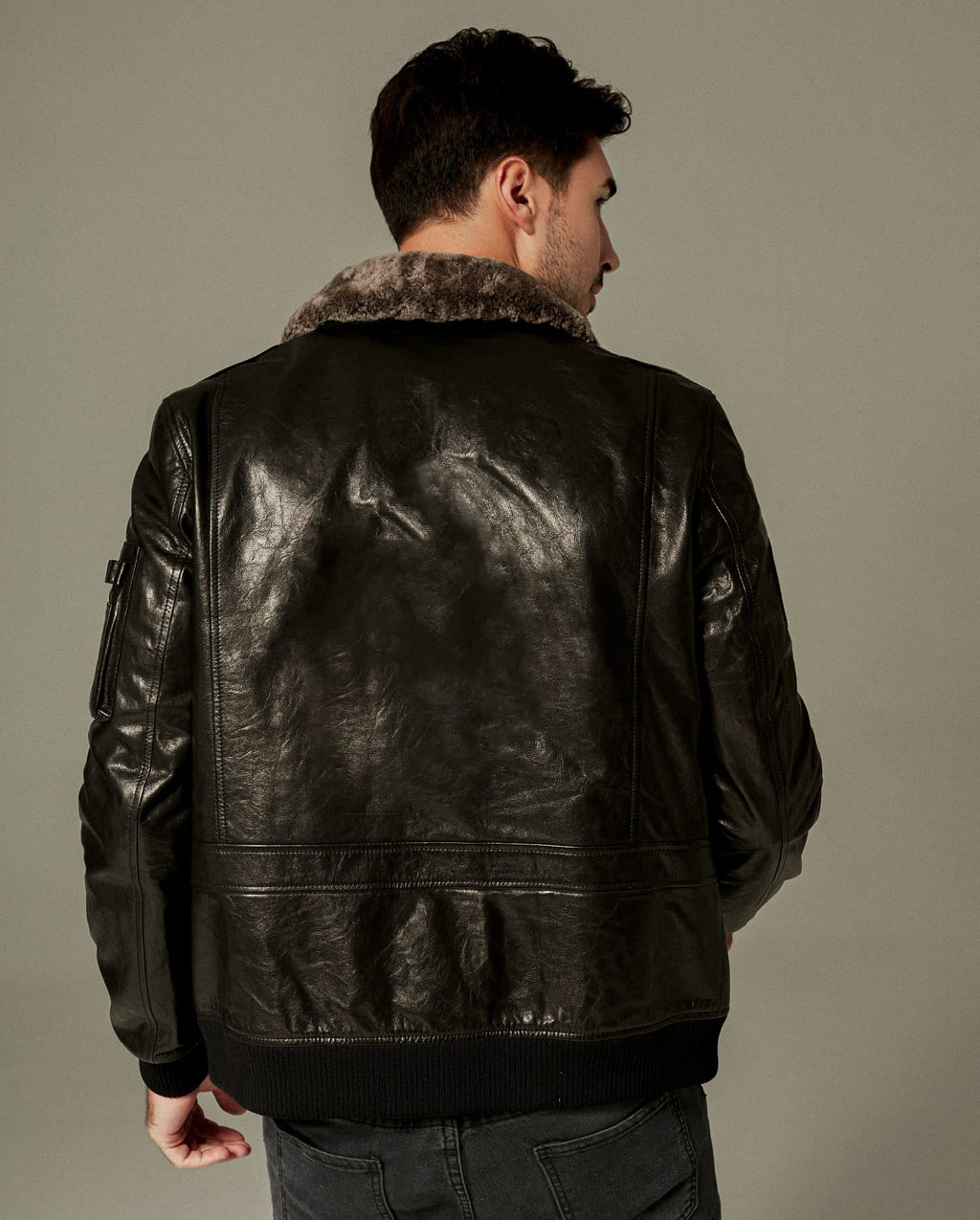 Black Vegetable-Tanned Goatskin Leather Bomber Jacket