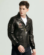 Black Pattern Patched Goatskin Bomber Jacket