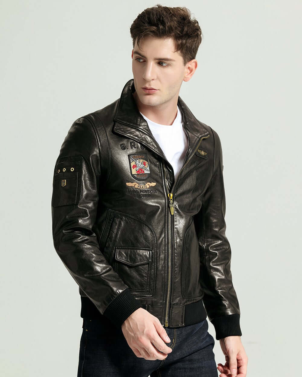 Black Pattern Patched Goatskin Bomber Jacket