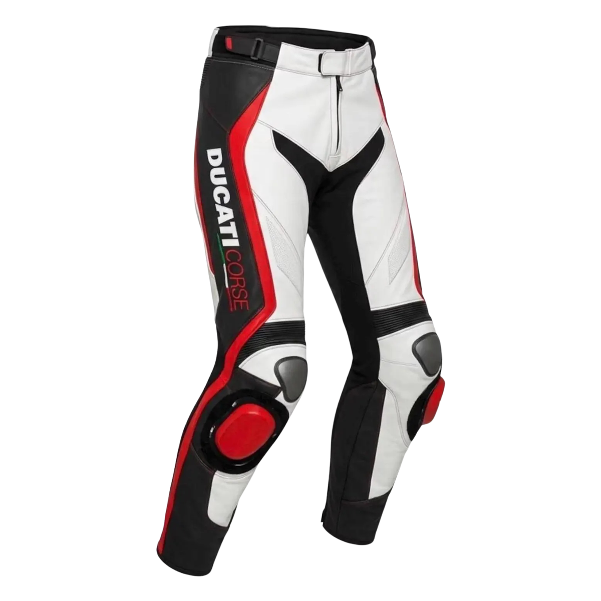 Ducati-Style White Red Leather Motorcycle Pants – CE Armor