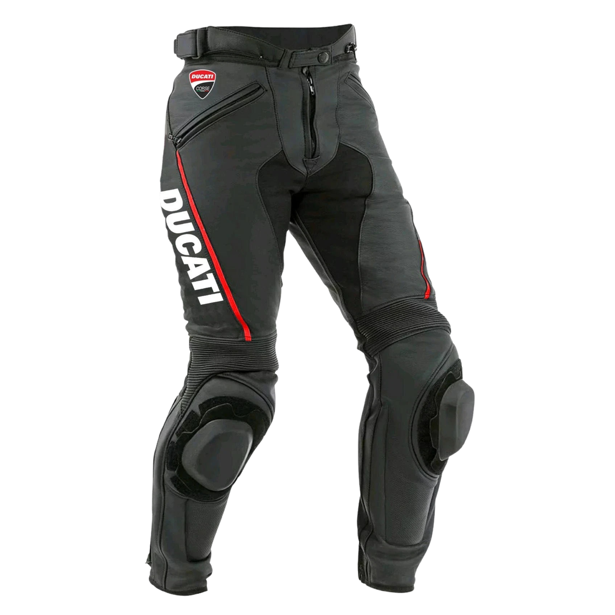 Ducati-Style Black Leather Motorcycle Racing Pants