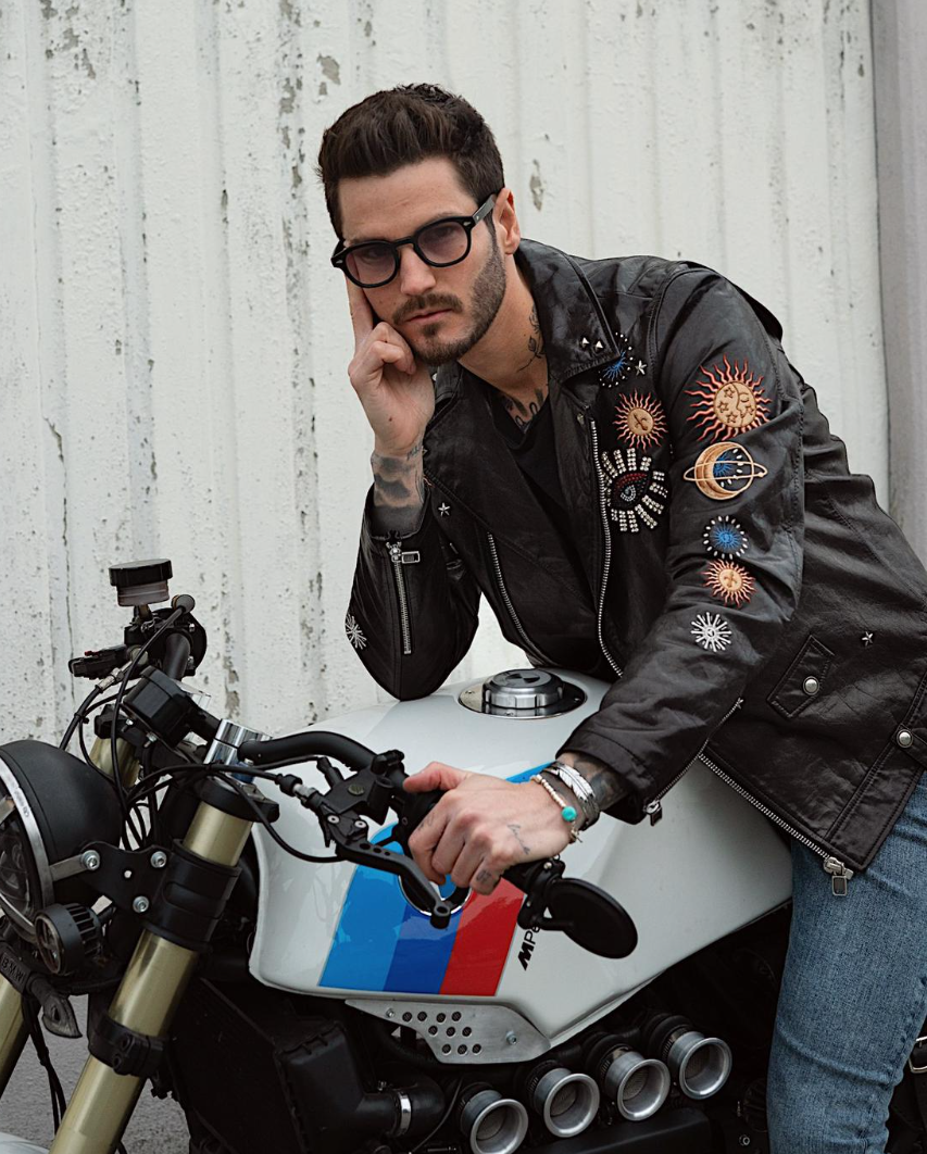 Black Goatskin Moto Biker Jacket with Appliques
