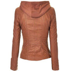 Women’s Brown Faux Leather Zip Up Jacket with Hood