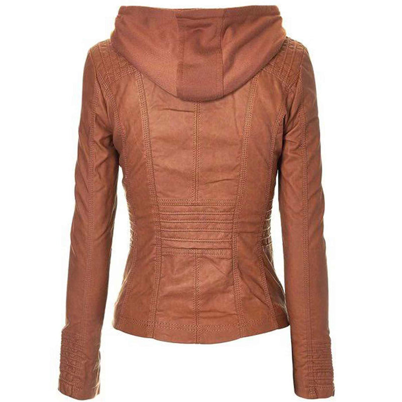 Women’s Brown Faux Leather Zip Up Jacket with Hood