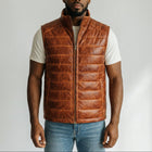 Brown Leather Puffer Vest for men's