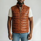 Brown Leather Puffer Vest for men's